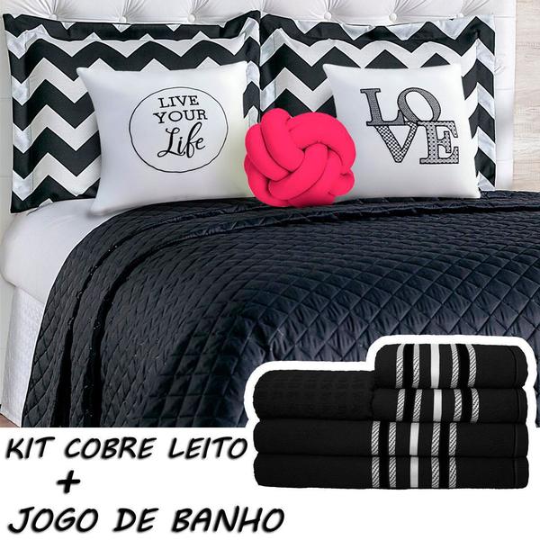 Kit Combo Cobre Leito C/ Jogo de Banho Isabela Preto/Pink Casal 13 Peças - Dourados Enxovais