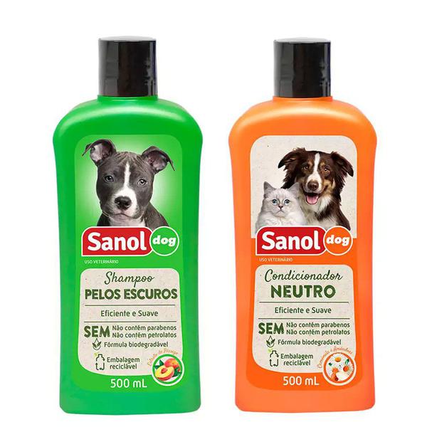 Kit Combo para Banho em Cães: Shampoo Pelos Escuros e Condicionador Neutro Sanol Dog