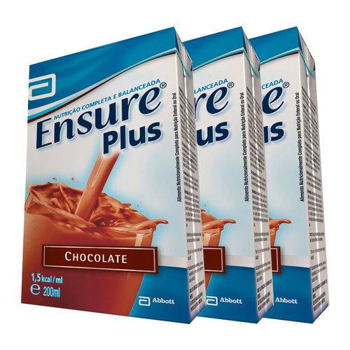 Kit Complemento Alimentar Ensure Plus Chocolate 200ml - 3 Unidades