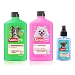 Kit completo banho cães: Shampoo para Cães Pelos Escuros + Condicionador Revitalizante + Perfume colônia fragrância Baby- Sanol Dog
