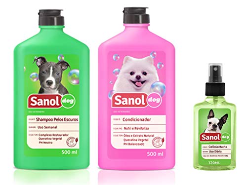 Kit Completo Banho Cães: Shampoo para Cães Pelos Escuros + Condicionador Revitalizante + Perfume Colônia Machos - Sanol Dog
