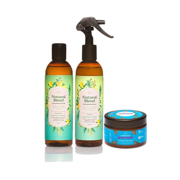 Kit Cosméticos Veganos - 1 Shampoo, 1 Spray Natural Blend e 1 Máscara Reconstrução - Abela Cosmetics