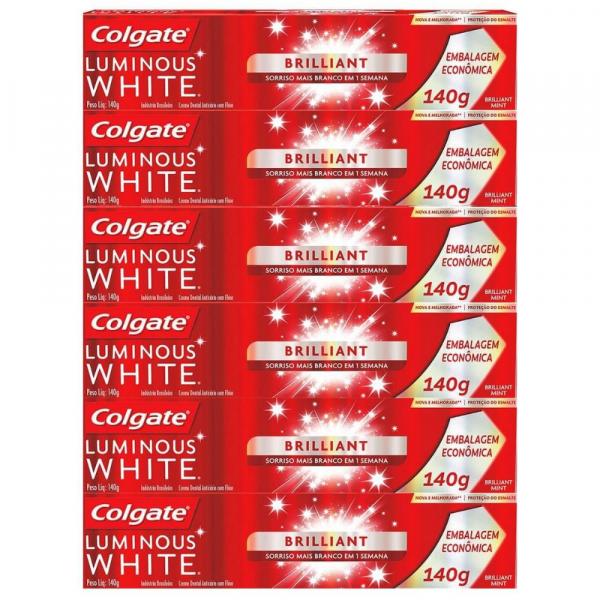 Kit Creme Dental Colgate Luminous White Brilliant Mint 140g com 6 unidades