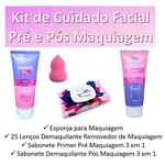 Kit Cuidado Facial Pré e Pós Maquiagem com Esponja + Lenço Demaquilante + Sabonete Pré + Sabonete Pós Maquiagem