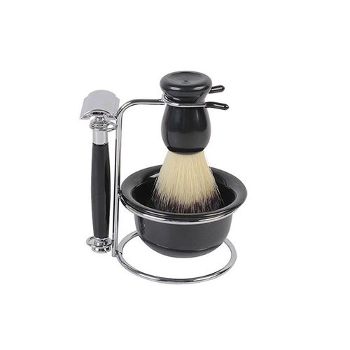 Kit de Barbear Retrô com Pincel, Pires, Barbeador e Suporte Aço Inox