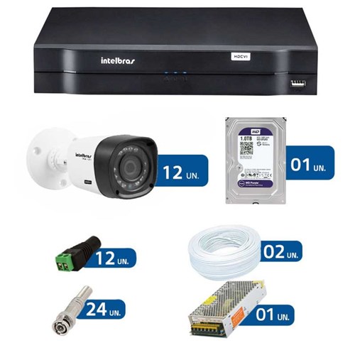 Kit de Câmeras de Segurança - Dvr Intelbras 16 Ch G2 Tríbrido Hdcvi + 12 Câmeras Infra Vhd 1010B Hd 720P + Hd Wd Purple