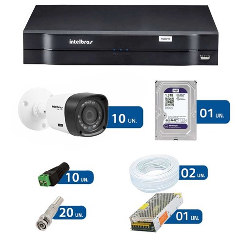 Kit de Câmeras de Segurança - Dvr Intelbras 16 Ch G2 Tríbrido Hdcvi + 10 Câmeras Infra Vhd 1010B Hd 720P + Hd Wd Purple