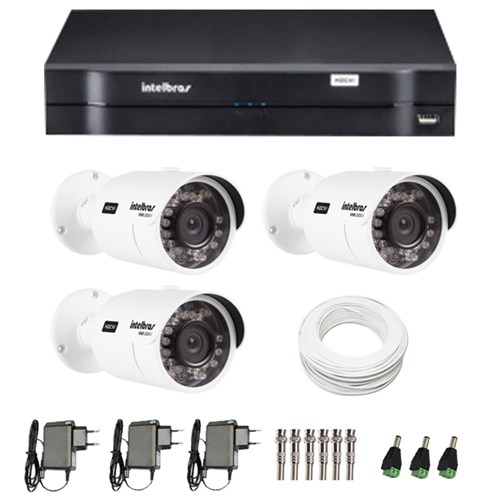 Kit de Câmeras de Segurança - Dvr Intelbras 4 Ch G2 Tríbrido Hdcvi + 3 Câmeras Infra Vhd 3120B G2 Hd 720P + Acessórios