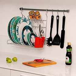 Kit de Cozinha: 1 Barra+3 Ganchos+ 1 Escorredor Dobrável+1 Kit Fixação Cromo Ecológico e Vermelho - Metaltru