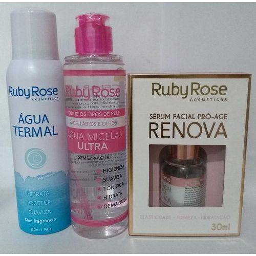 Kit de Cuidados com a Pele Ruby Rose: Contém 1 Serum Facial Proage RENOVA 30ml+ 1 Água Micelar Ultra 200ml +1 Água Termal 150ml.