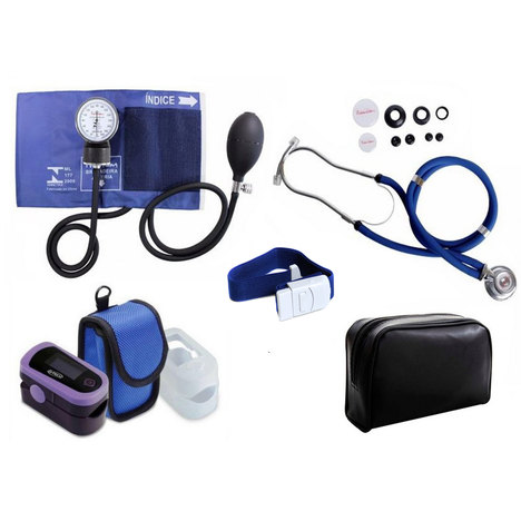 Kit de Enfermagem com Aparelho de Pressão e Estetoscópio Rappaport Premium Azul + Oxímetro de Pulso - G-Tech