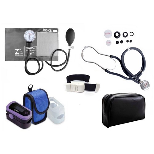 Kit de Enfermagem com Aparelho de Pressão e Estetoscópio Rappaport Premium Cinza + Oxímetro de Pulso - G-Tech