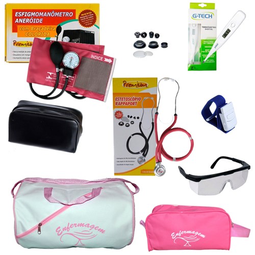 Kit de Enfermagem com Bolsa Branca - Aparelho Vinho e Necessaire Pink