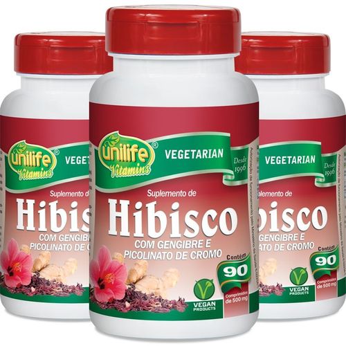 Kit de 3 Hibisco com Gengibre da Unilife 90 Comprimidos