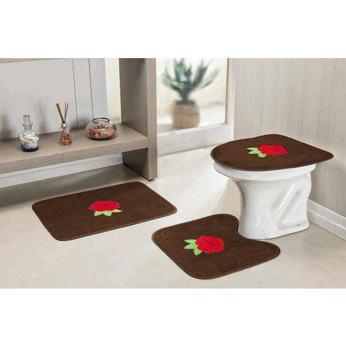 Kit de Tapetes de Banheiro 3 Peças Rosas Vermelhas Café