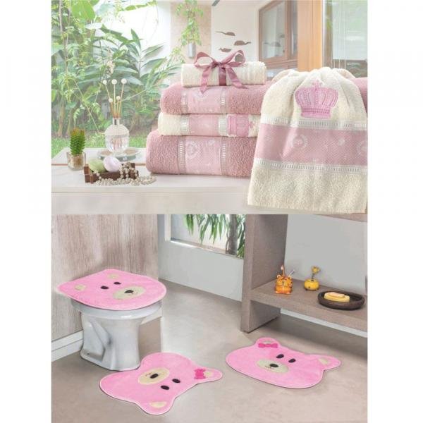 Kit Decoração Banheiro = Toalhas de Banho Coroa + Jogo de Tapete Ursinha - Rosa - Casa Scarpa