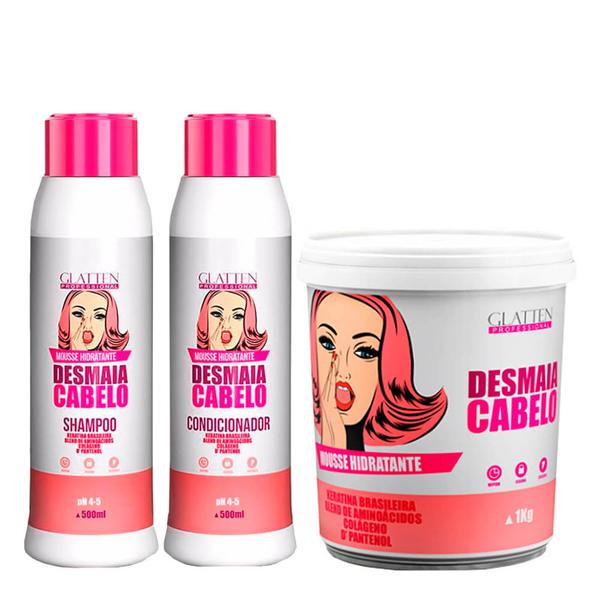 Kit Desmaia Cabelo Glatten Professional Shampoo 500ml, Condicionador 500ml e Máscara Hidratante 1Kg