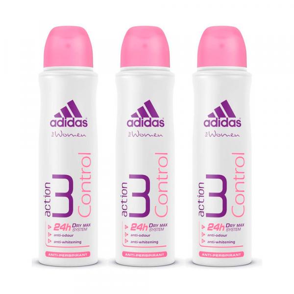 Kit Desodorante Adidas Aerosol Feminino Action 3 Control 150ml 3 Unidades