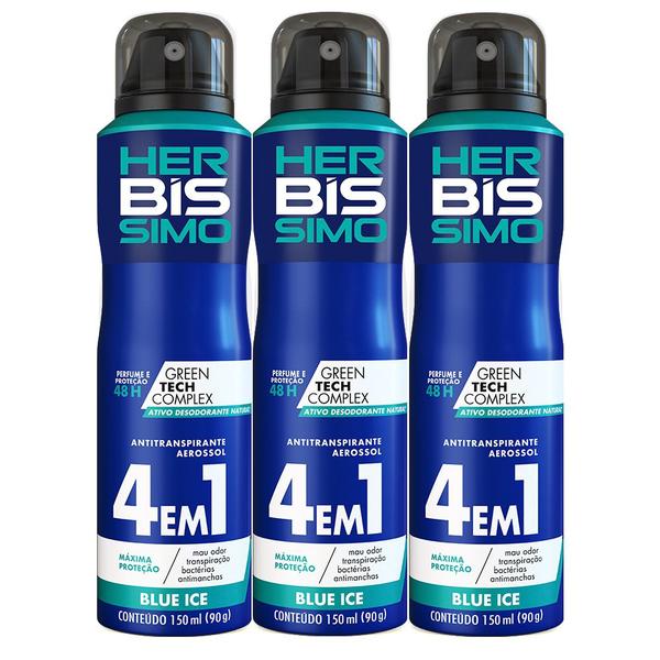 Kit Desodorante Aerosol Antitranspirante Herbissimo Blue Ice 150Ml com 3 Unidades - Herbíssimo