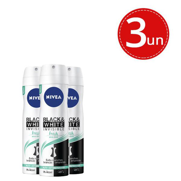 Kit Desodorante Aerosol Nivea Invisible Black White Fresh 150ml - 3 Unidades - Nívea