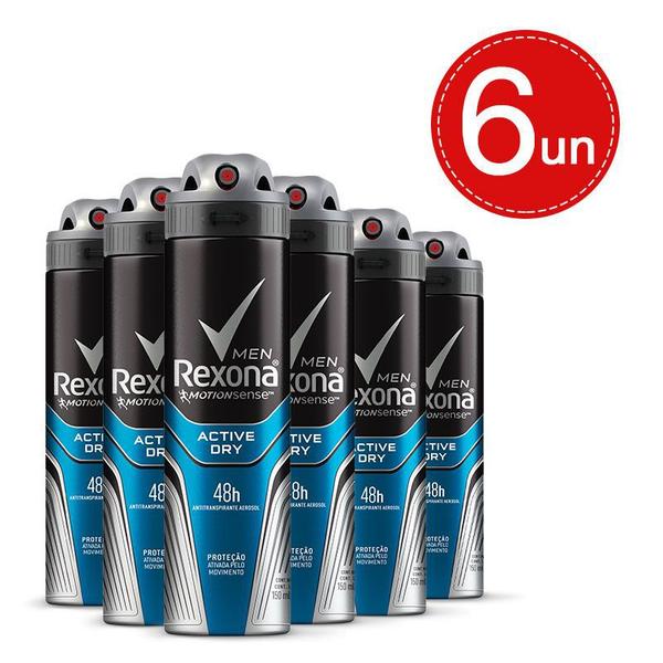 Kit Desodorante Aerosol Rexona Active Dry/Azul 150ml - 6 Unidades