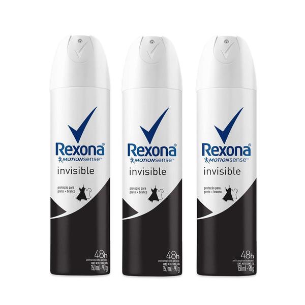 Kit Desodorante Antitranspirante Aerossol Rexona Women Invisible 150ml com 3 Unidades Leve + por -