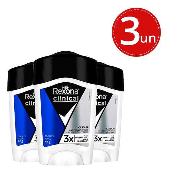 Kit Desodorante Antitranspirante Rexona Men Clinical Clean 48g - 3 Unidades