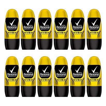 Kit Desodorante Antitranspirante Rexona V8 Masculino Rollon 50ml com 12 Unidades