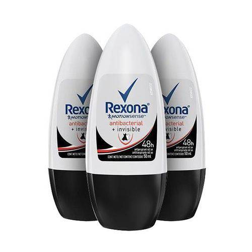 Kit Desodorante Antitranspirante Rexona Women Antibacterial+invisible Roll On 3x50ml Leve 3 Pague 2