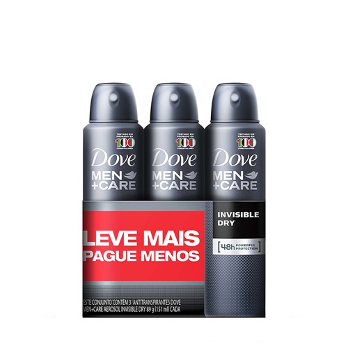 Kit Desodorante Dove Men + Care Invisible Dry Aerosol 3 Unidades Leve Mais Pague Menos Antitranspirante 48h com 89g Cada
