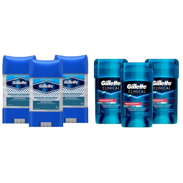 Kit Desodorante Gillette 3 Clear Gel Antibacterial 82G + 3 Clinical Gel Pressure Defense 45G