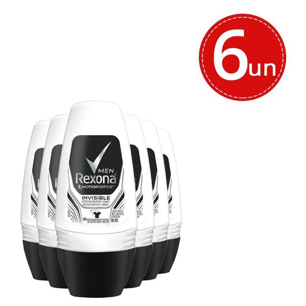 Kit Desodorante Roll On Rexona Invisible Men 50ml - 6 Unidades