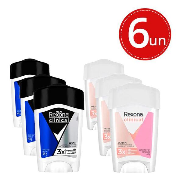 Kit Desodorante Stick Rexona Clinical Creme Feminino/Masculino - 6 Unidades