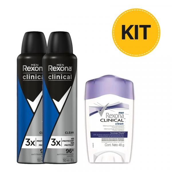 Kit Desodorante Stick Rexona Clinical Men + 2 Desodorante Aerosol Clinical