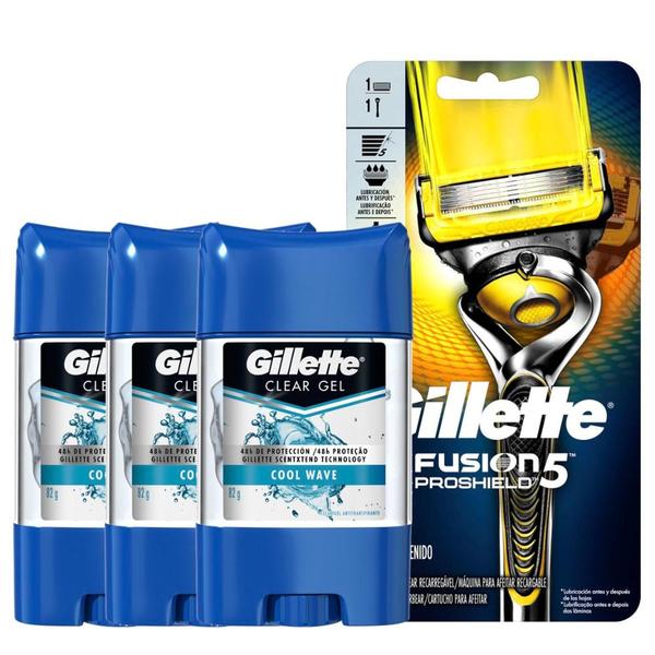 Kit 3 Desodorantes Gillette Ant. Clear Gel Cool Wave 82g + Aparelho Proshield