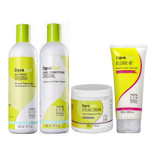 Kit Deva Curl no Poo, One Condition - 355Ml + Styling Cream - 500G + Bleave-In - 200Ml