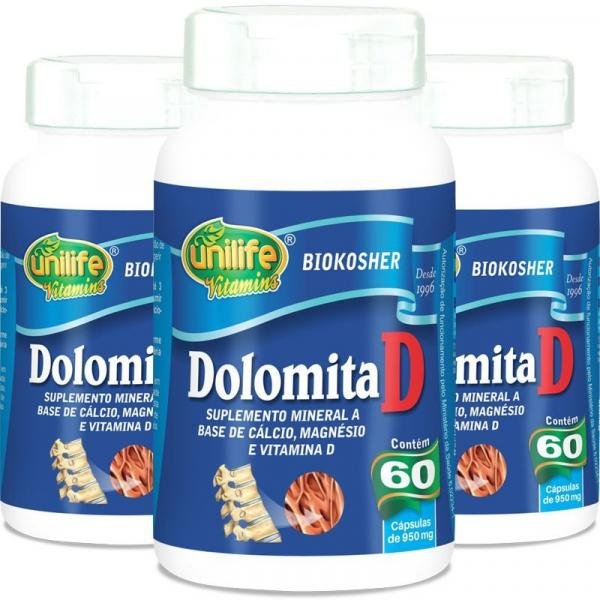 Kit 3 Dolomita com Vitamina D Unilife 60 Cápsulas