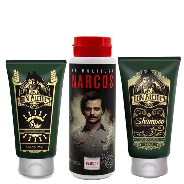 Kit Don Alcides: Shampoo e Balm Calico Jack + Talco Multiuso Narcos