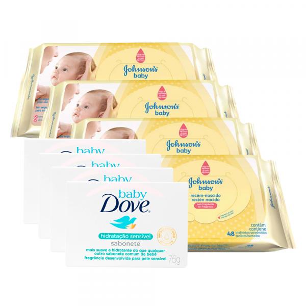 Kit Dove Baby 4 Sabonete Dove Baby Hidratação Sensível 75g + 4 Lenço Umedecido Rn 192 Unidades - Dove