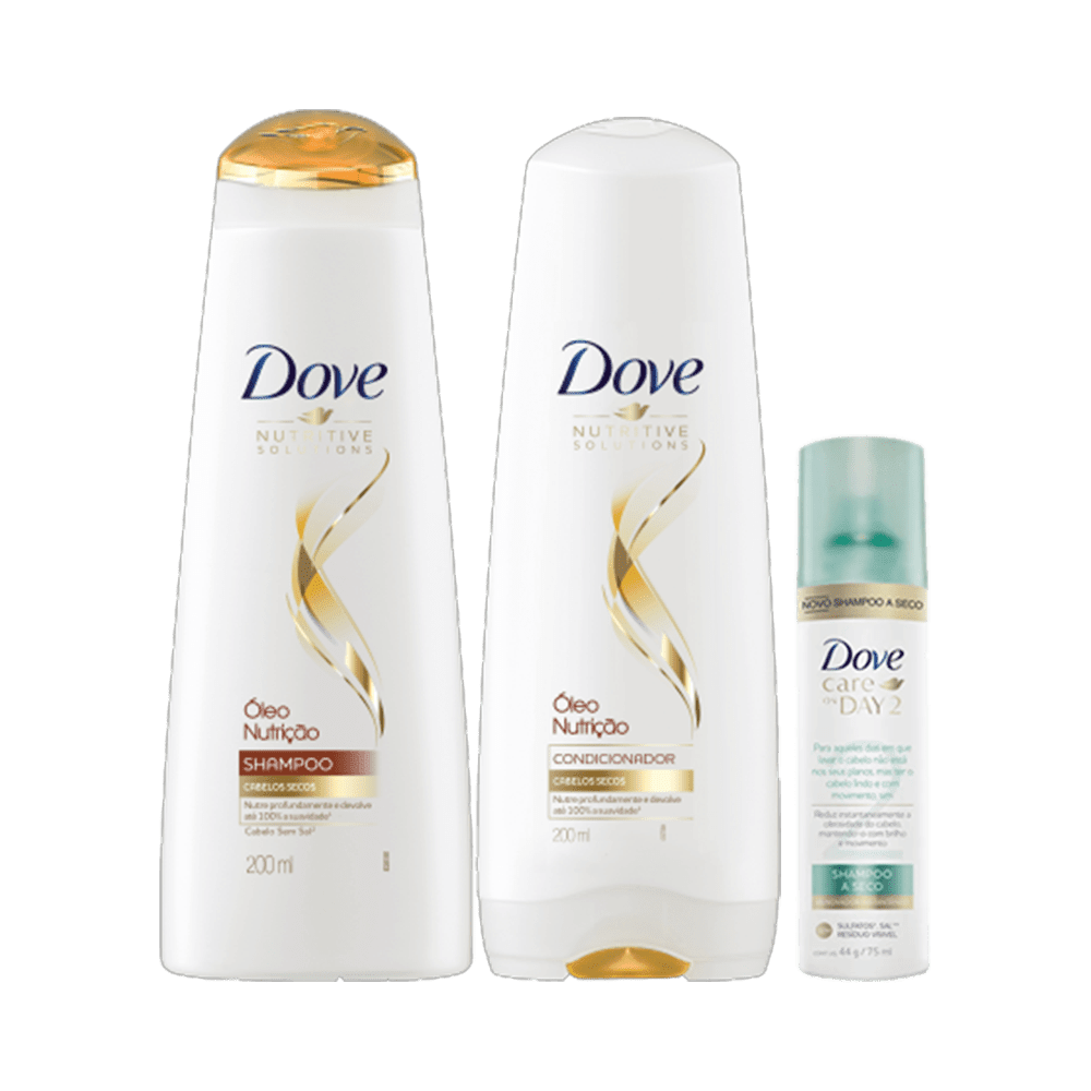 Kit Dove Óleo Nutrição Shampoo + Condicionador 200ml Grátis Shampoo a Seco Day 2 Renovação 75ml