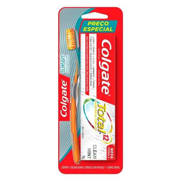 Kit Escova de Dente Colgate Slim Soft Advanced + Creme Dental Colgate Total 12 Clean Mint 90g