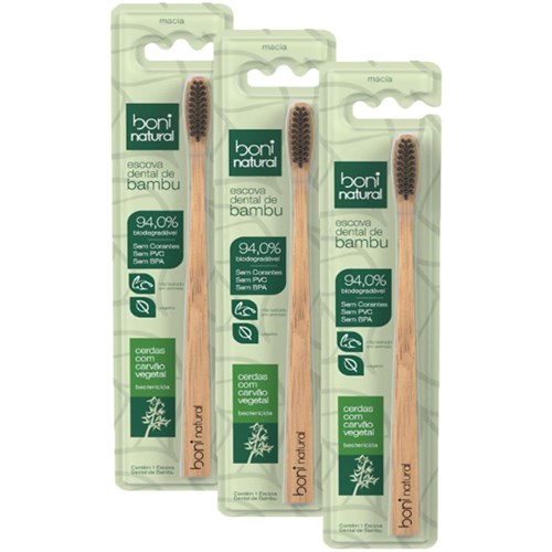 Kit Escova Dental de Bambú Boni Natural com 3 Unidades