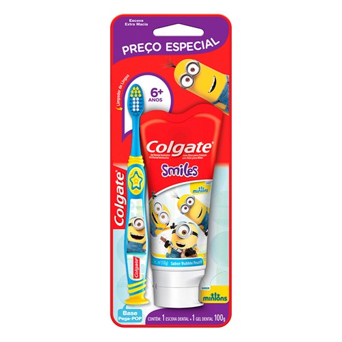 Kit Escova Dental Infantil Colgate Minions Extra Macia 6+ Anos + 1 Gel Dental Personagens Sortidos