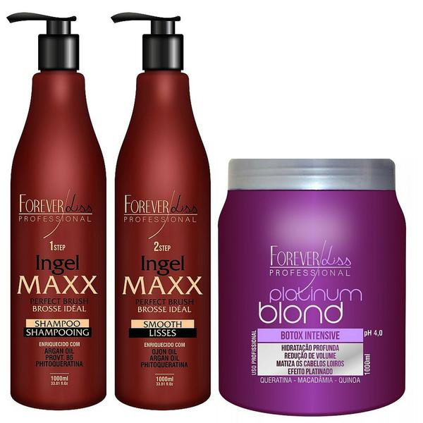 Kit Escova Progressiva Ingel Maxx 2x1000ml com Platinum Blond Botox Intensive Matizador 1kg - Forever Liss