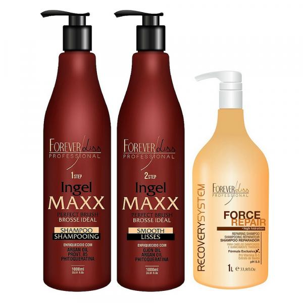 Kit Escova Progressiva Ingel Maxx 2x1000ml com Shampoo Hidratante Force Repair 1L Forever Liss