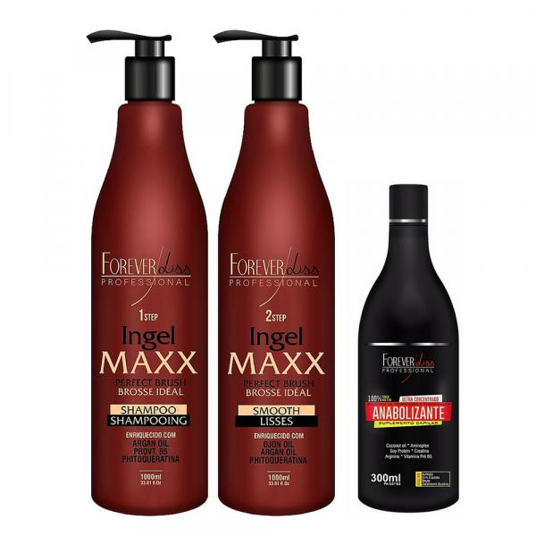 Kit Escova Progressiva Ingel Maxx 2x1000ml e Shampoo Anabolizante Capilar 300ml Forever Liss