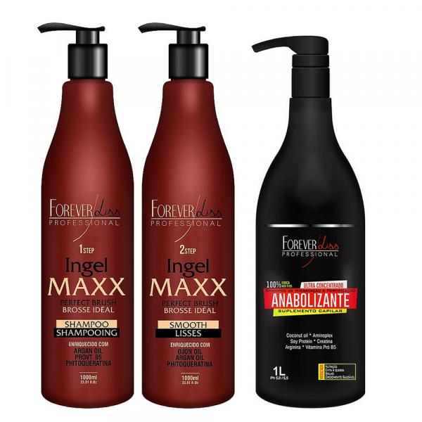 Kit Escova Progressiva Ingel Maxx 2x1000ml e Shampoo Anabolizante Capilar Suplemento 1L Forever Liss