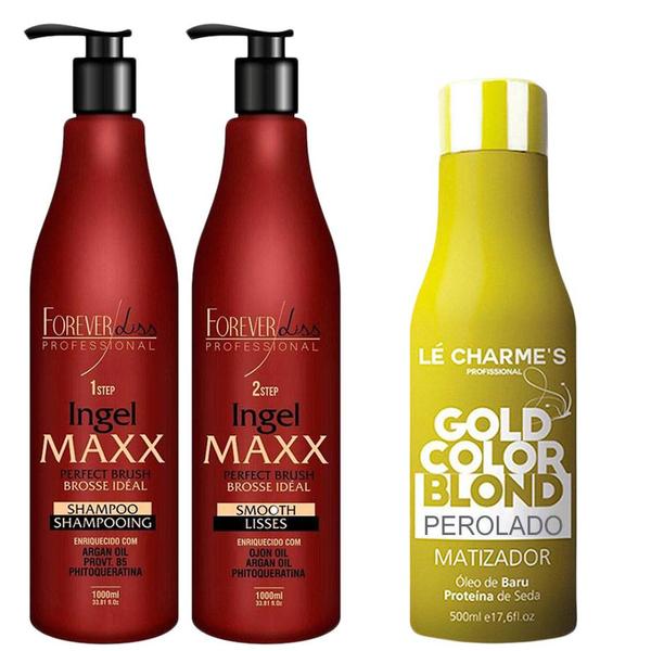 Kit Escova Progressiva Ingel Maxx 2x1L Forever Liss e Matizador Gold 500ml Intensy Color Lé Charmes