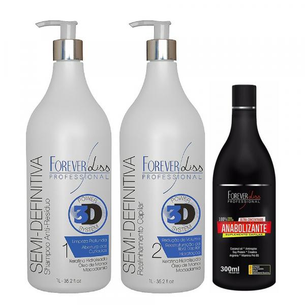 Kit Escova Semi Definitiva Power 3D 2x1L com Shampoo Anabolizante Capilar 300ml Forever Liss