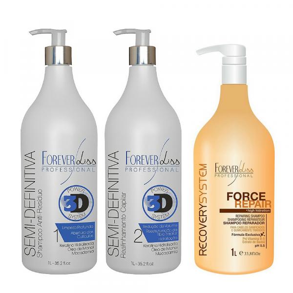Kit Escova Semi Definitiva Power 3D 2x1litro e Shampoo Hidratante Force Repair 1L Forever Liss